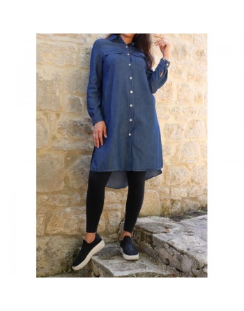 Chemise longue décontractée en denim pour femme - Couleur bleu jean foncé 
