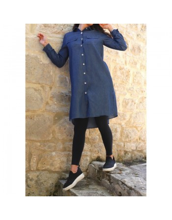 Chemise longue décontractée en denim pour femme - Couleur bleu jean foncé 
