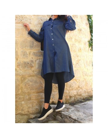 Chemise longue décontractée en denim pour femme - Couleur bleu jean foncé 