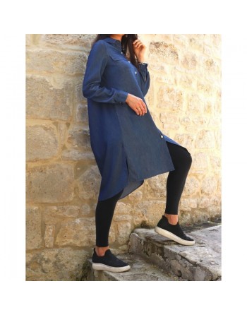 Chemise longue décontractée en denim pour femme - Couleur bleu jean foncé 
