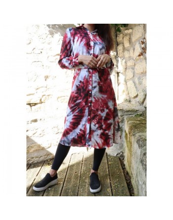 Chemise Tunique longue imprimée avec ceinture assortie pour femme - Couleur bordeaux et gris 