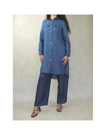 Chemise longue décontractée en denim pour femme - Couleur bleu 