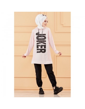 Tunique imprimée Joker - Sweat long à capuche (Mode pour jeune femme musulmane) - Couleur rose poudré 