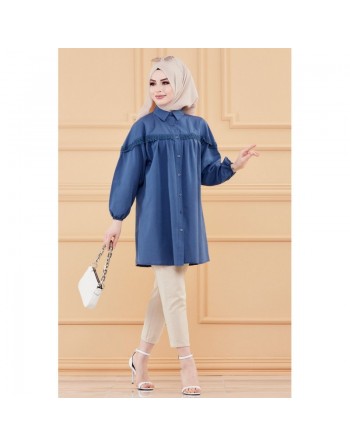 Tunique-Chemise ample avec dentelle pour femme (Vetement Hijab classique) - Couleur bleu 