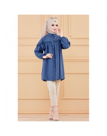 Tunique-Chemise ample avec dentelle pour femme (Vetement Hijab classique) - Couleur bleu 
