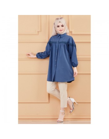 Tunique-Chemise ample avec dentelle pour femme (Vetement Hijab classique) - Couleur bleu 