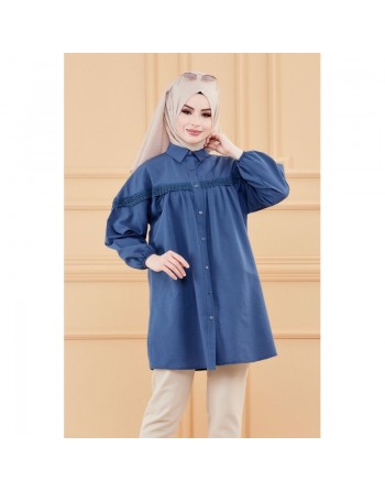 Tunique-Chemise ample avec dentelle pour femme (Vetement Hijab classique) - Couleur bleu 