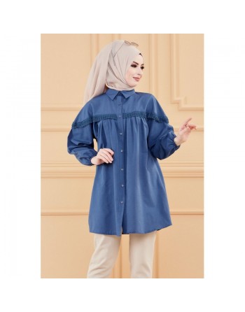 Tunique-Chemise ample avec dentelle pour femme (Vetement Hijab classique) - Couleur bleu 