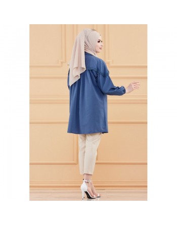 Tunique-Chemise ample avec dentelle pour femme (Vetement Hijab classique) - Couleur bleu 