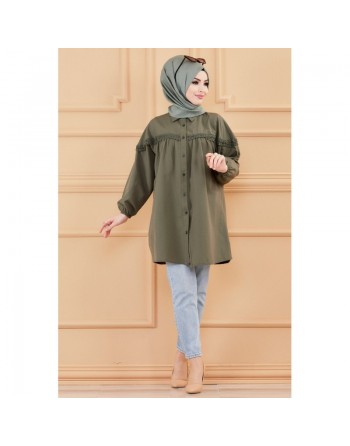 Tunique-Chemise ample avec dentelle pour femme (Vetement Hijab classique) - Couleur kaki 