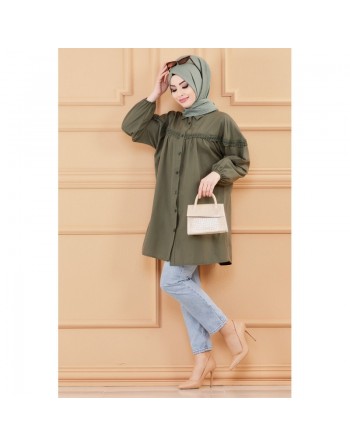 Tunique-Chemise ample avec dentelle pour femme (Vetement Hijab classique) - Couleur kaki 