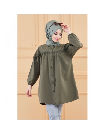 Tunique-Chemise ample avec dentelle pour femme (Vetement Hijab classique) - Couleur kaki 