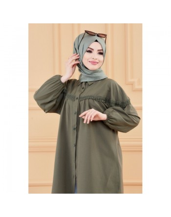 Tunique-Chemise ample avec dentelle pour femme (Vetement Hijab classique) - Couleur kaki 