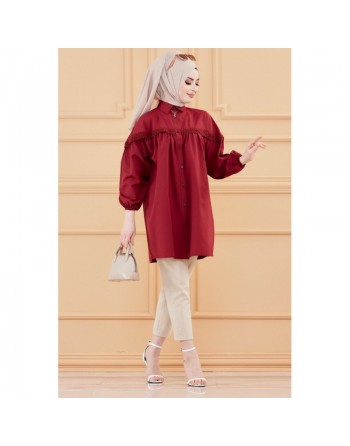 Tunique-Chemise en dentelle pour femme (Tenue Hijab classique) - Couleur bordeaux 