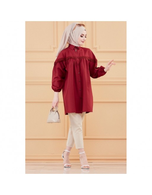 Tunique-Chemise en dentelle pour femme (Tenue Hijab classique) - Couleur bordeaux Tunique-Chemise en dentelle pour femme (Tenue Hijab classique) - Couleur bordeaux
