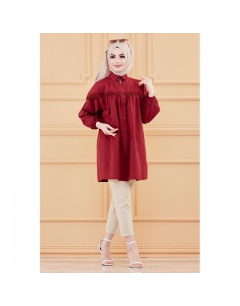 Tunique-Chemise en dentelle pour femme (Tenue Hijab classique) - Couleur bordeaux 