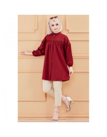 Tunique-Chemise en dentelle pour femme (Tenue Hijab classique) - Couleur bordeaux 