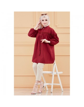Tunique-Chemise en dentelle pour femme (Tenue Hijab classique) - Couleur bordeaux 