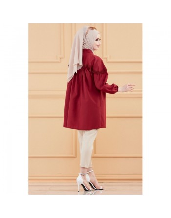 Tunique-Chemise en dentelle pour femme (Tenue Hijab classique) - Couleur bordeaux 