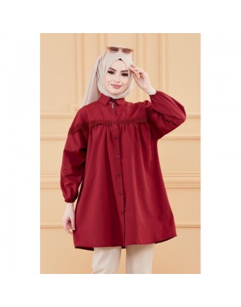 Tunique-Chemise en dentelle pour femme (Tenue Hijab classique) - Couleur bordeaux 