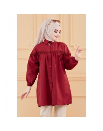 Tunique-Chemise en dentelle pour femme (Tenue Hijab classique) - Couleur bordeaux 