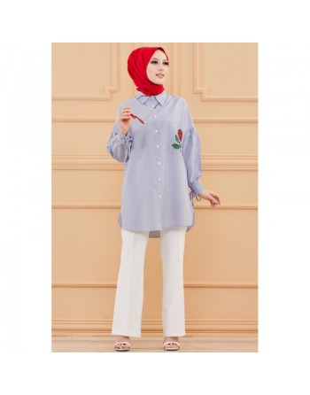 Chemise-Tunique motif fleur (Vêtement pour femme voilée) - Couleur des rayures : bleu ciel 