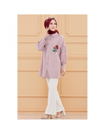 Chemise-Tunique motif fleur pour femme (Vêtement Hijab) - Couleur des rayures : bordeaux 