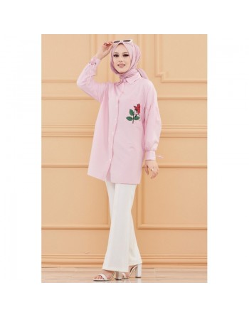 Chemise-Tunique motif fleur (Vêtement pour femme voilée) - Couleur des rayures : rose clair 