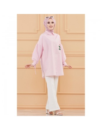 Chemise-Tunique motif fleur (Vêtement pour femme voilée) - Couleur des rayures : rose clair 