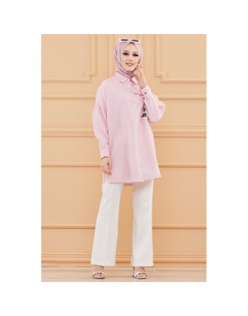 Chemise-Tunique motif fleur (Vêtement pour femme voilée) - Couleur des rayures : rose clair 