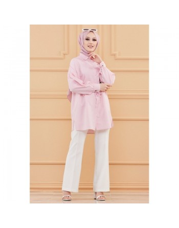 Chemise-Tunique motif fleur (Vêtement pour femme voilée) - Couleur des rayures : rose clair 