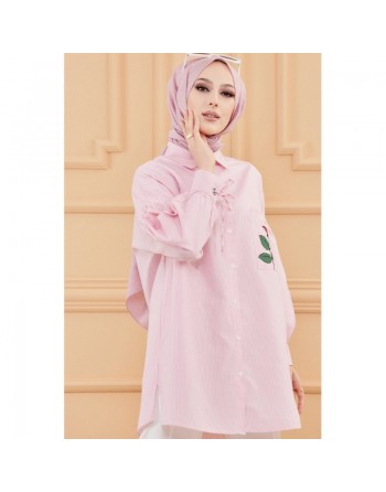 Chemise-Tunique motif fleur (Vêtement pour femme voilée) - Couleur des rayures : rose clair 
