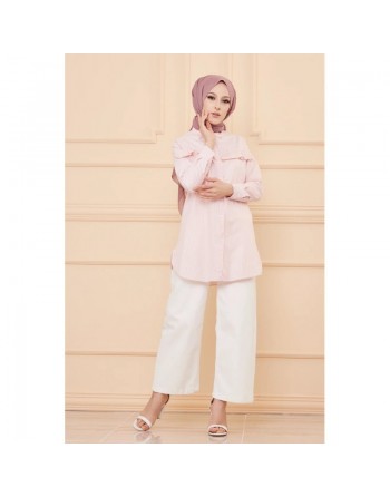 Tunique à froufrous pour femme (Tenue Hijab) - Rayures couleur rose poudré 