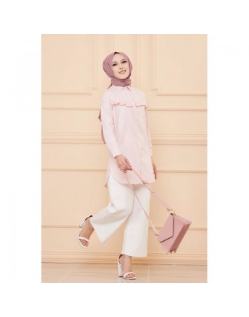 Tunique à froufrous pour femme (Tenue Hijab) - Rayures couleur rose poudré 