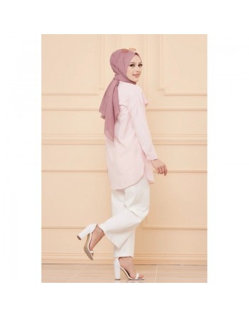 Tunique à froufrous pour femme (Tenue Hijab) - Rayures couleur rose poudré 