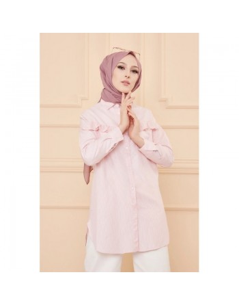 Tunique à froufrous pour femme (Tenue Hijab) - Rayures couleur rose poudré 