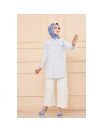Tunique à froufrous pour femme - Rayures couleur bleu clair 