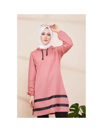 Tunique avec capuche à rayures noires (Vêtement moderne pour femme voilée) - Couleur rose 