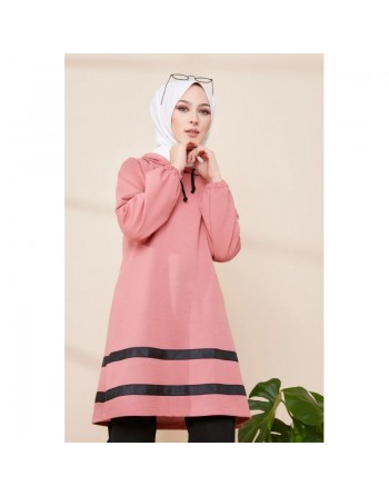 Tunique avec capuche à rayures noires (Vêtement moderne pour femme voilée) - Couleur rose 