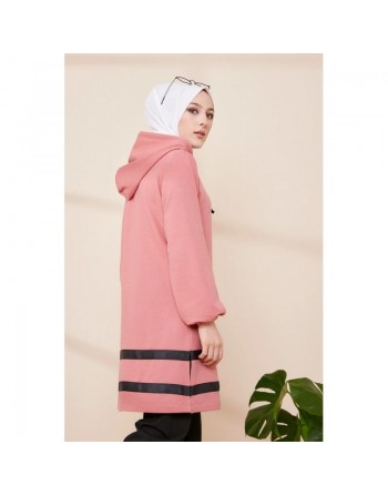Tunique avec capuche à rayures noires (Vêtement moderne pour femme voilée) - Couleur rose 