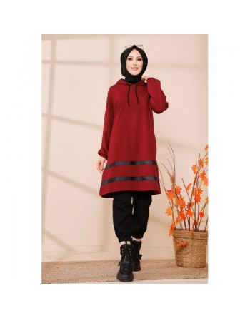 Tunique à capuche et bandes noires (Tenue moderne pour femme voilée) - Couleur bordeaux 