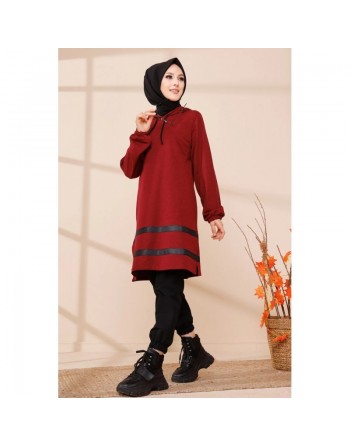 Tunique à capuche et bandes noires (Tenue moderne pour femme voilée) - Couleur bordeaux 