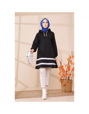 Tunique à capuche et bandes noires pour femme (Mode musulmane) - Couleur noir 