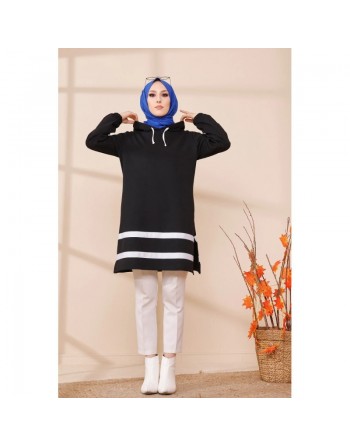 Tunique à capuche et bandes noires pour femme (Mode musulmane) - Couleur noir 