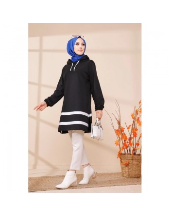 Tunique à capuche et bandes noires pour femme (Mode musulmane) - Couleur noir 