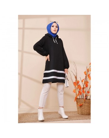 Tunique à capuche et bandes noires pour femme (Mode musulmane) - Couleur noir 
