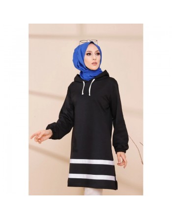 Tunique à capuche et bandes noires pour femme (Mode musulmane) - Couleur noir 