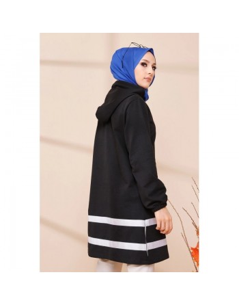 Tunique à capuche et bandes noires pour femme (Mode musulmane) - Couleur noir 