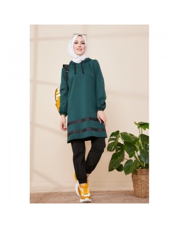 Tunique à capuche et bandes noires pour femme (Nouvelle Collection) - Couleur vert émeraude 