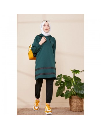 Tunique à capuche et bandes noires pour femme (Nouvelle Collection) - Couleur vert émeraude 